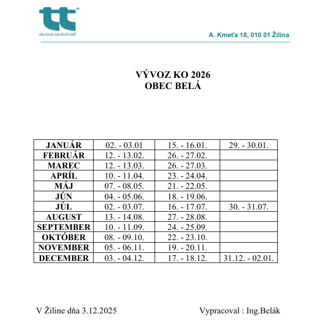 Harmonogram vývozu komunálneho odpadu na&nbsp;rok 2026